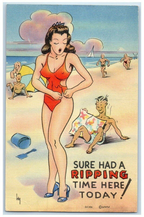 c1910's Man Pepping Sexy Girl Fixing Swimsuit Surf Had A Ripping Postcard