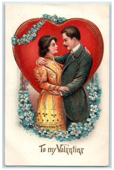 c1910's Valentine Heart Couple Romance Flowers Embossed Hobart Mills CA Postcard