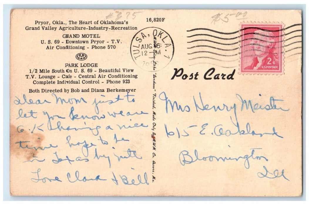 1958 Grand Motel Park Lodge Tulsa Oklahoma OK Dual View Posted Vintage Postcard