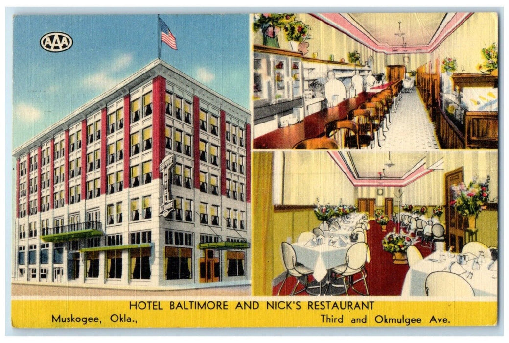 1945 Hotel Baltimore And Nick's Restaurant Muskogee OK Multiview Posted Postcard