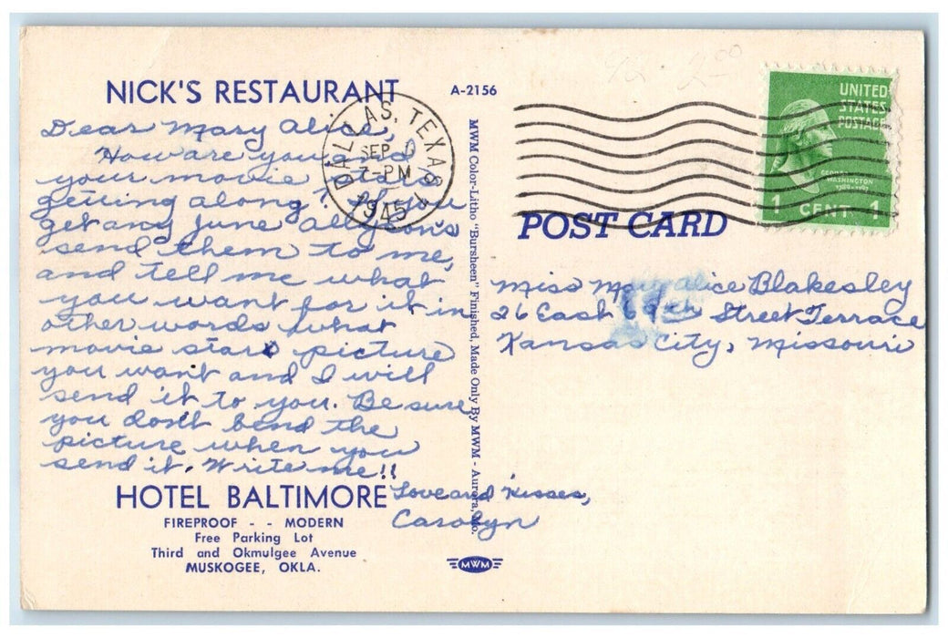 1945 Hotel Baltimore And Nick's Restaurant Muskogee OK Multiview Posted Postcard