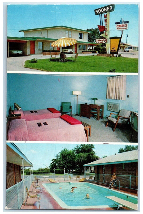 c1950's Sooner Motel Muskogee Oklahoma OK Room Swimming Pool Multiview Postcard