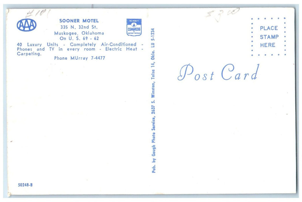 c1950's Sooner Motel Muskogee Oklahoma OK Room Swimming Pool Multiview Postcard
