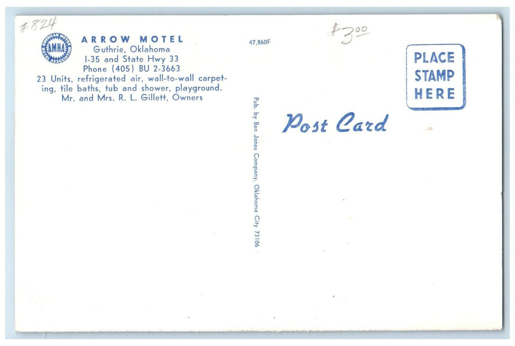 c1960's Arrow Motel Cars Roadside Guthrie Oklahoma OK Unposted Vintage Postcard