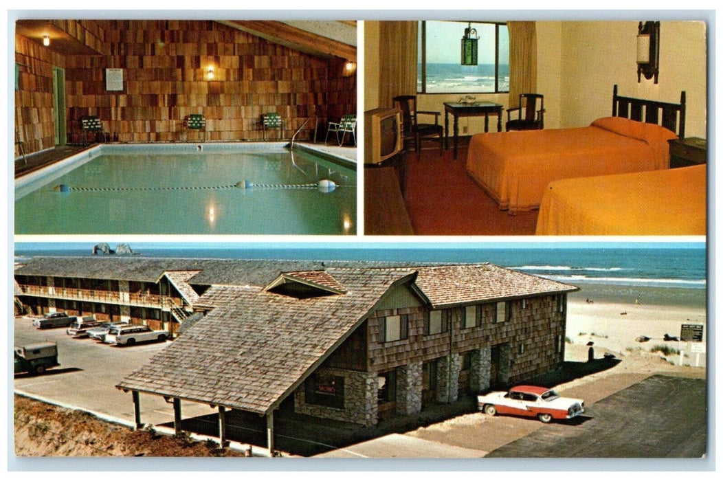 c1950's Silvers Sand Motel Rockaway Oregon OR Room Pool Multiview Postcard