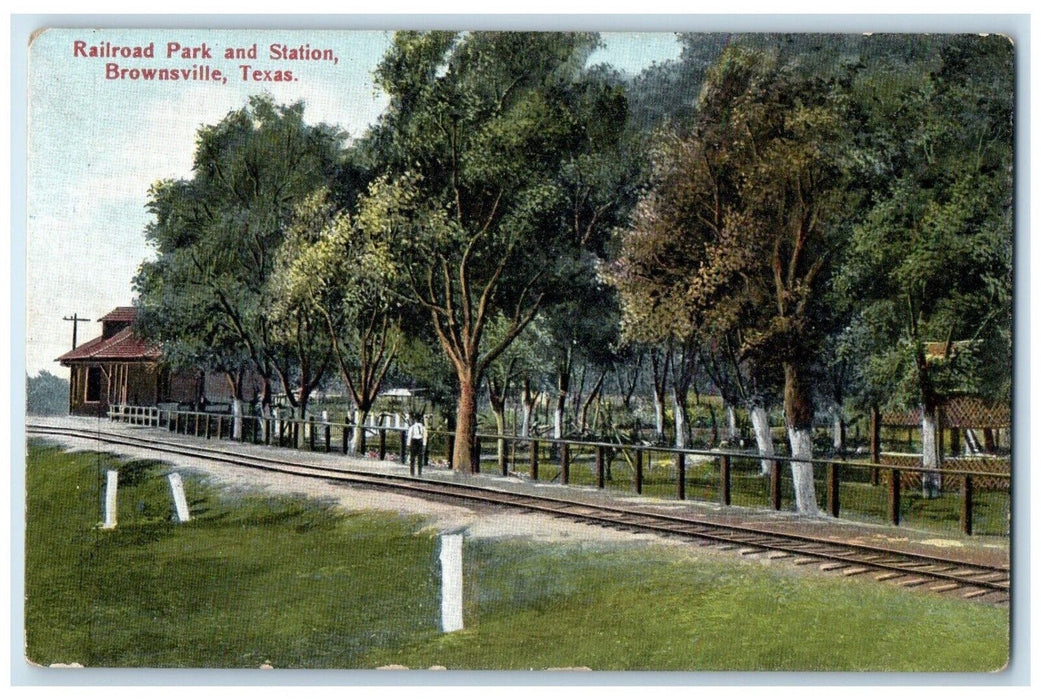 c1910 Scenic View Railroad Park Station Trees Brownsville Texas Vintage Postcard