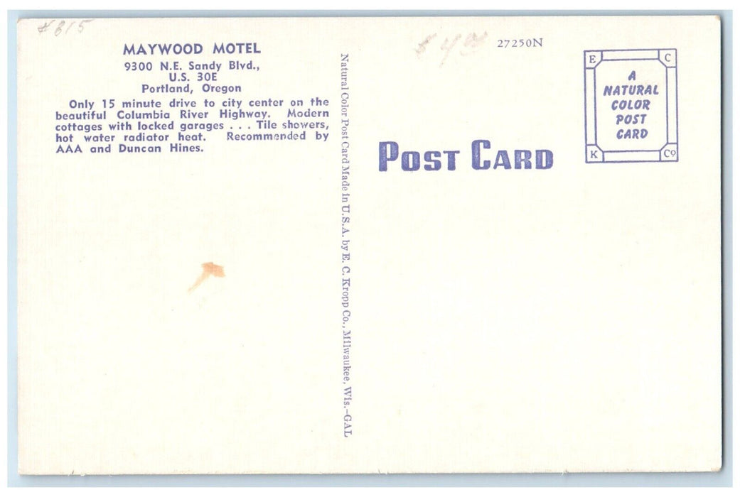 c1960's Maywood Motel 9300 NE Sandy Blvd. Flowers Portland Oregon OR Postcard