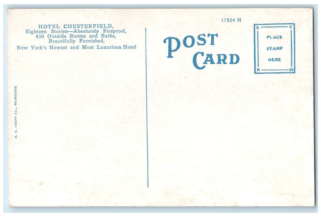 c1920 Exterior View Hotel Chesterfield New York City New York Unposted Postcard