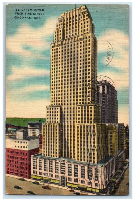 1948 Carew Tower From Vine Street Cars Cincinnati Ohio OH Vintage Postcard