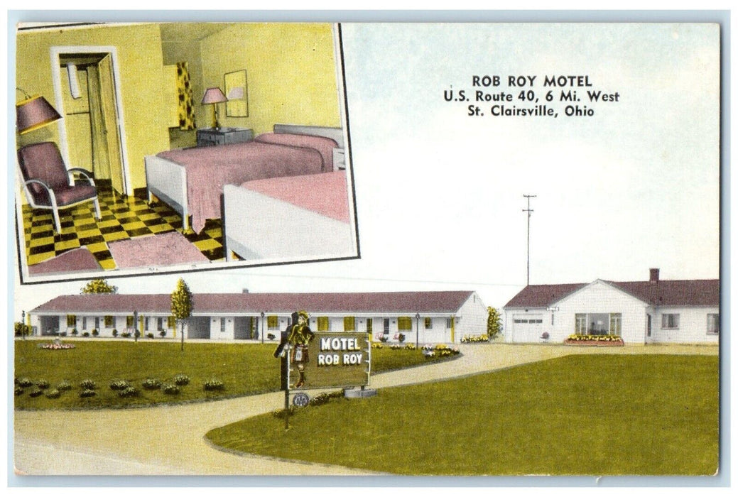 c1930's Rob Roy Motel Roadside Room View St. Clairsville Ohio OH Postcard