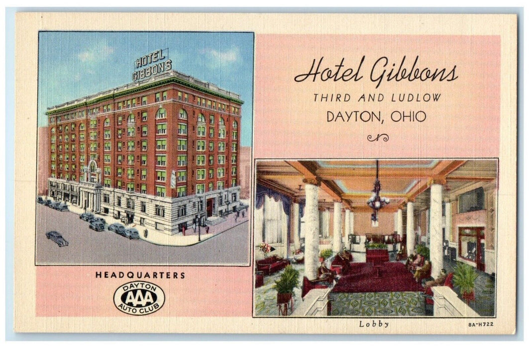 c1930's Hotel Gibbons Building Lobby Dayton Ohio OH Dual View Vintage Postcard