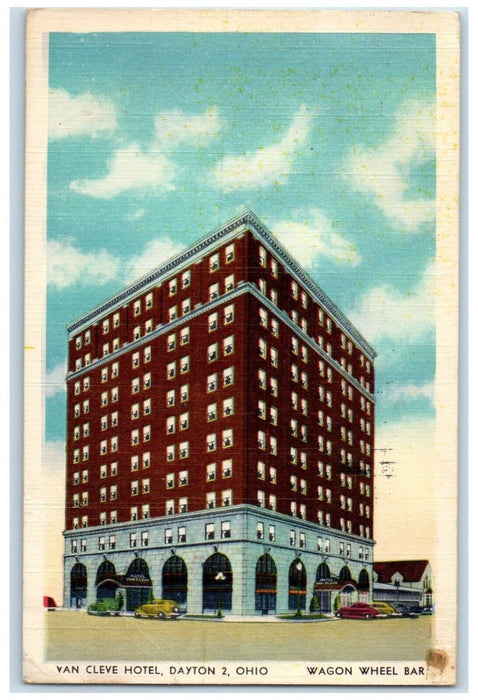 1955 Van Cleve Hotel Building Cars Dayton Ohio OH, Wagon Wheel Bar Postcard