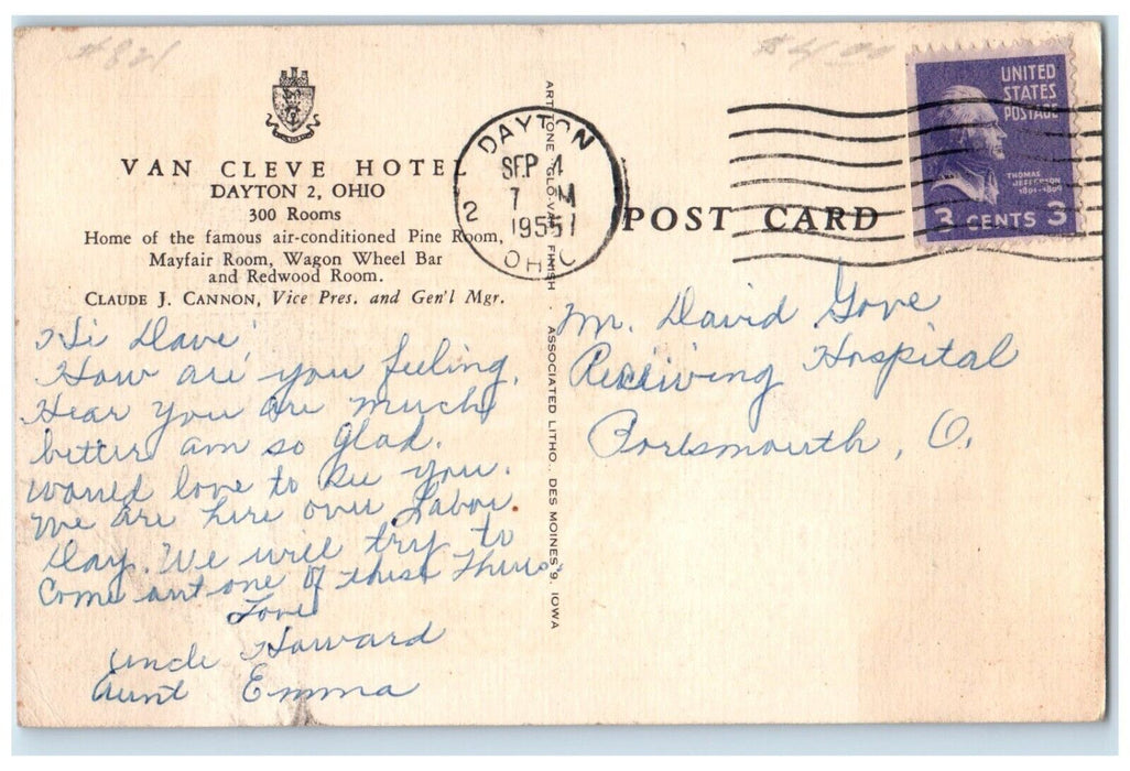 1955 Van Cleve Hotel Building Cars Dayton Ohio OH, Wagon Wheel Bar Postcard