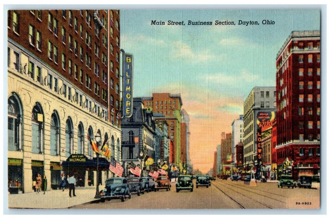 c1930's Main Street Business Section Cars Biltmore Dayton Ohio OH Postcard