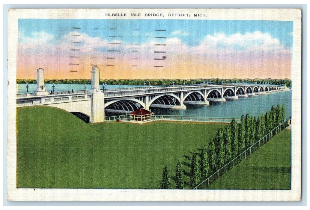 1937 Belle Isle Bridge River Lake Detroit Michigan MI Vintage Antique Postcard