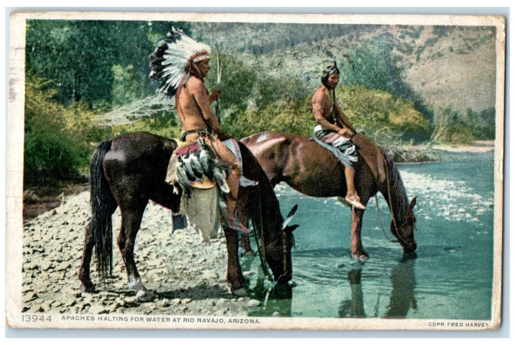 1909 Apaches Halting Water Riding Horse Rio Navajo Arizona Fred Harvey Postcard