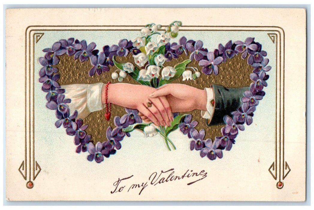 1908 Valentine Flowers Heart Handshake Embossed San Francisco CA Posted Postcard