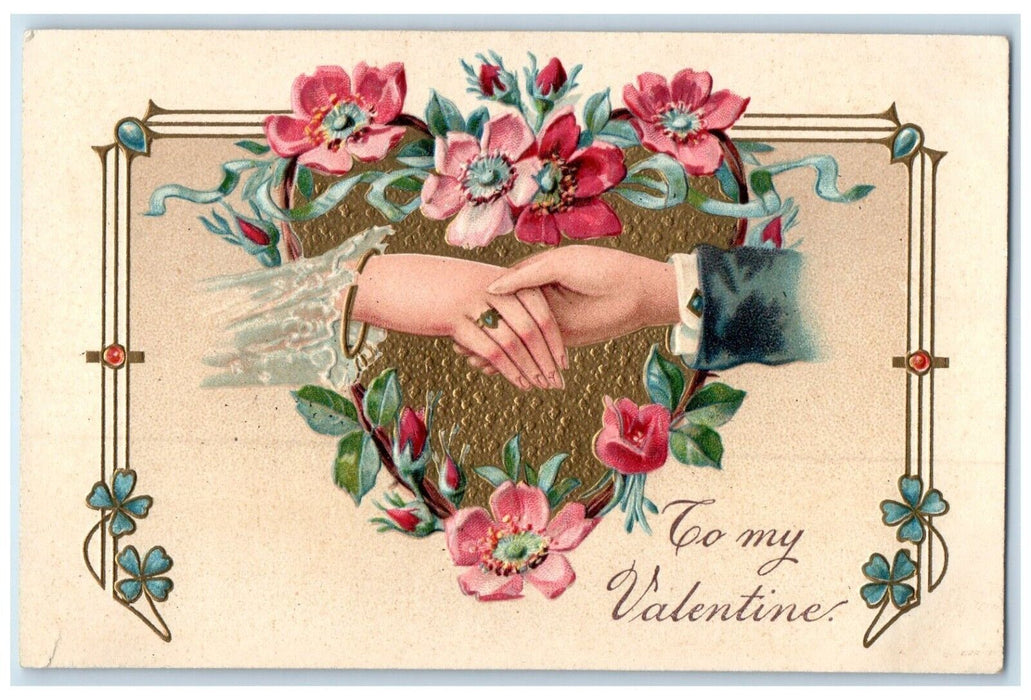 c1910's Valentine Handshake Heart Flowers Embossed Hobart Mills CA Postcard