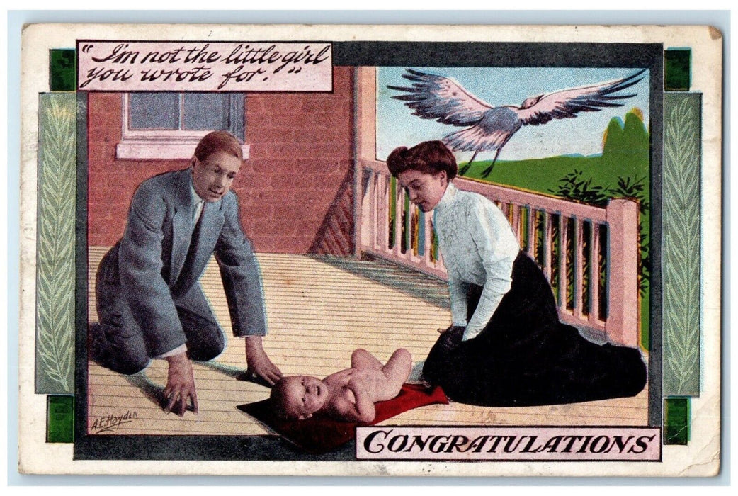 1909 Congratulations Stork Delivered Baby Carlyle Illinois IL Antique Postcard