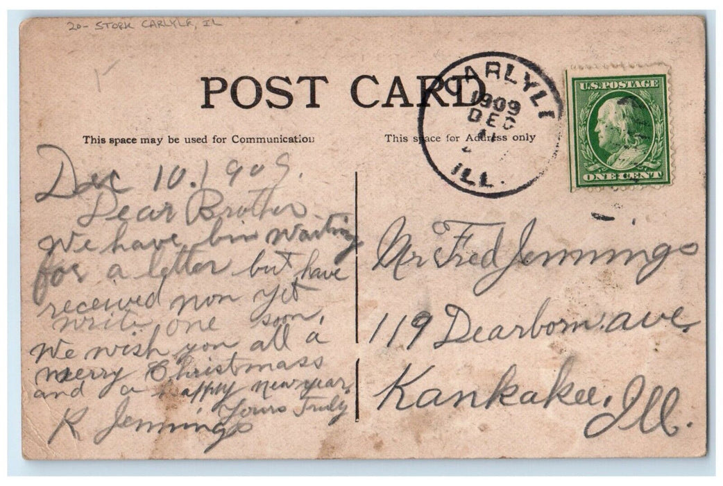 1909 Congratulations Stork Delivered Baby Carlyle Illinois IL Antique Postcard