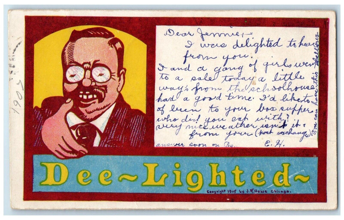 c1905 Teddy Roosevelt President Cartoon Dee Lighted Rice Kansas KS Postcard