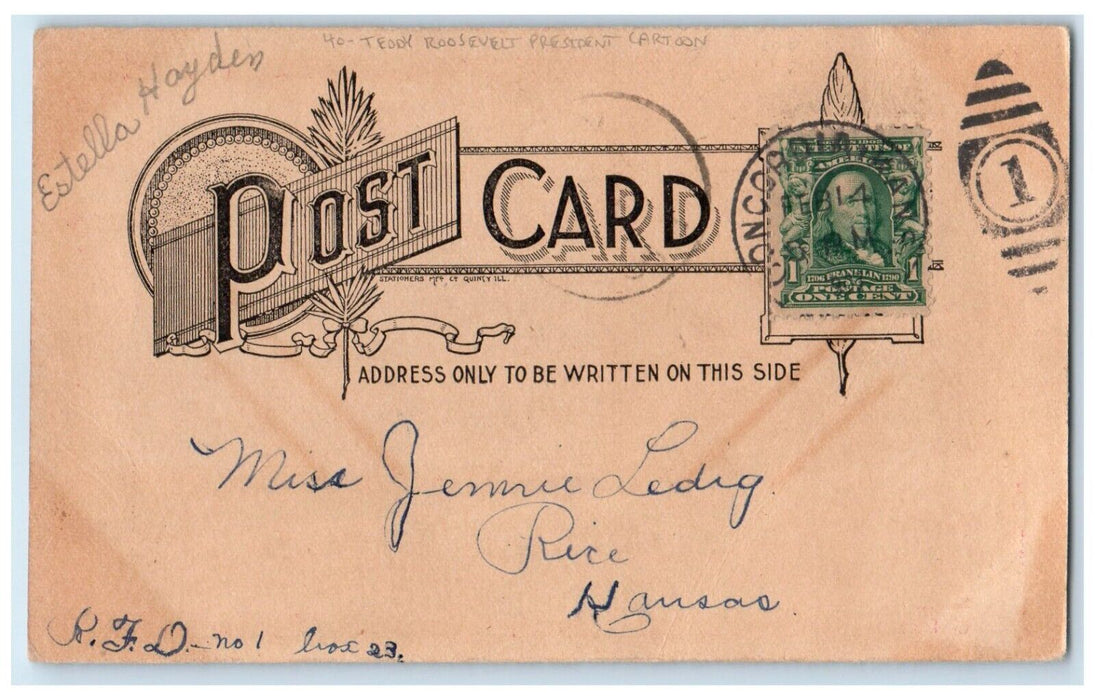 c1905 Teddy Roosevelt President Cartoon Dee Lighted Rice Kansas KS Postcard