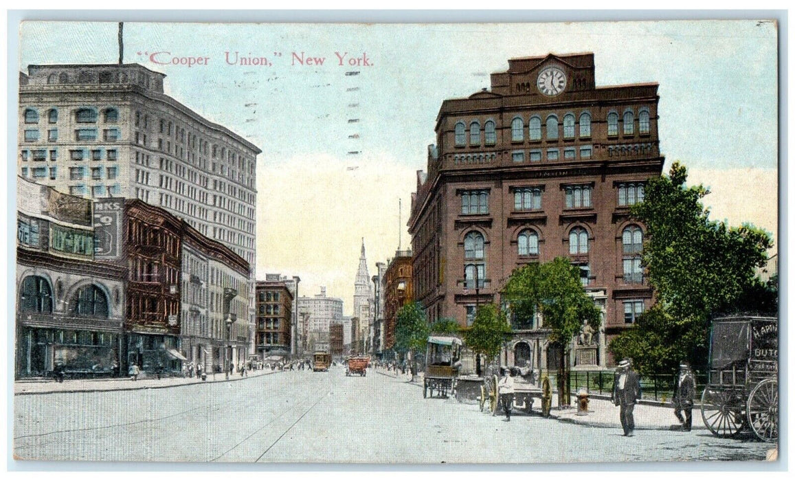 1914 Cooper Union Horse Carriage Streetcar Buildings Street New York NY Postcard