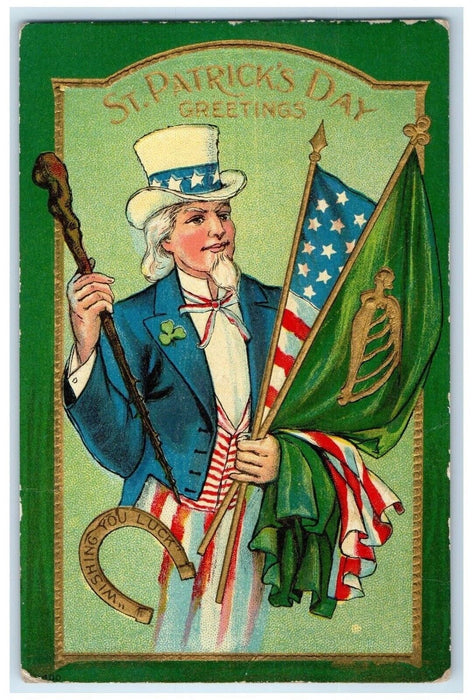 1909 St. Patrick's Day Greetings Uncle Sam Flah Horseshoe Embossed Postcard