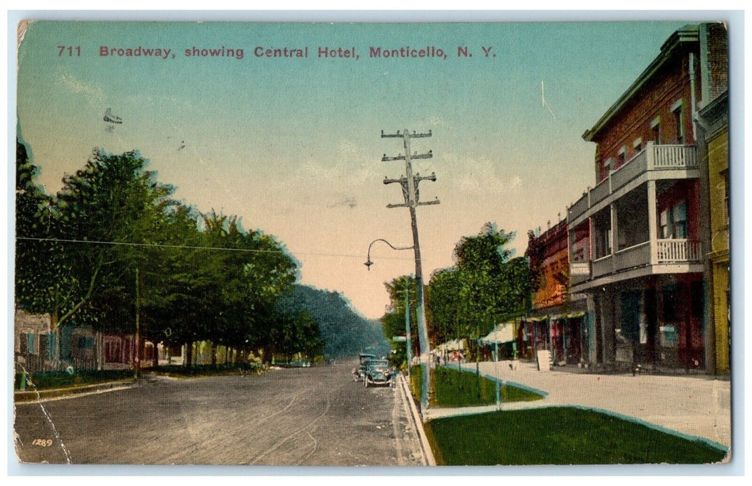 1917 Broadway Central Hotel Classic Cars Monticello New York NY Antique Postcard