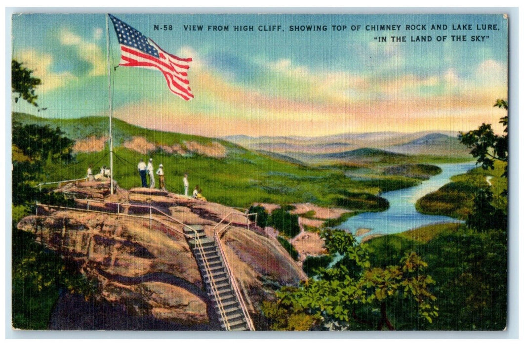 1952 View From High Cliff Showing Chimney Rock Lake Lure North Carolina Postcard