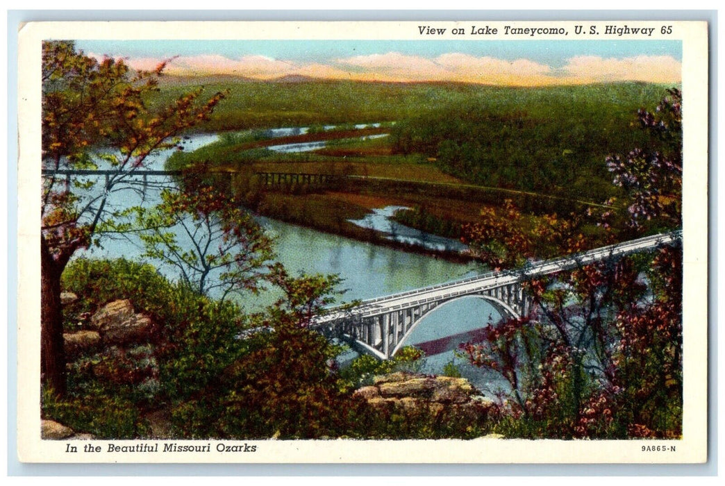 c1940 View Lake Taneycomo Bridge River Highway Missouri Ozarks Vintage Postcard