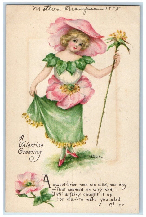 Valentine Greetings Girl Flower Custome Gibson Dulk Manhattan Kansas KS Postcard
