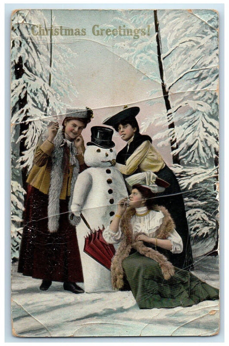 c1910's Christmas Greetings Snowman Womens Smoking Cigarette Antique Postcard