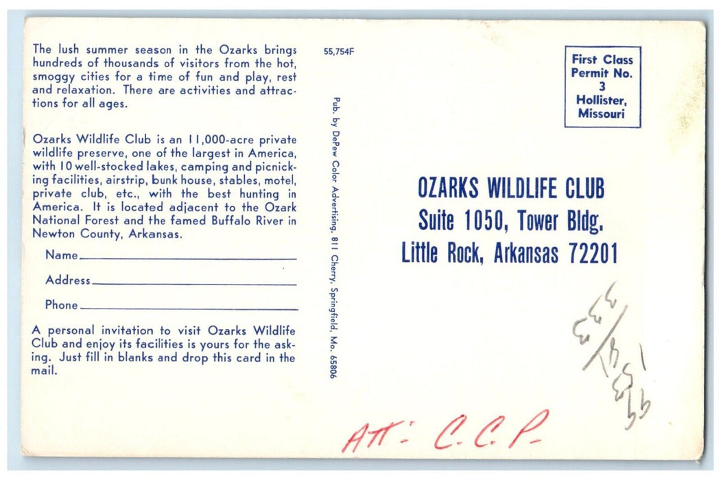 c1960 Lush Summer Season Ozarks Wildlife Club Little Rock Arkansas AR Postcard