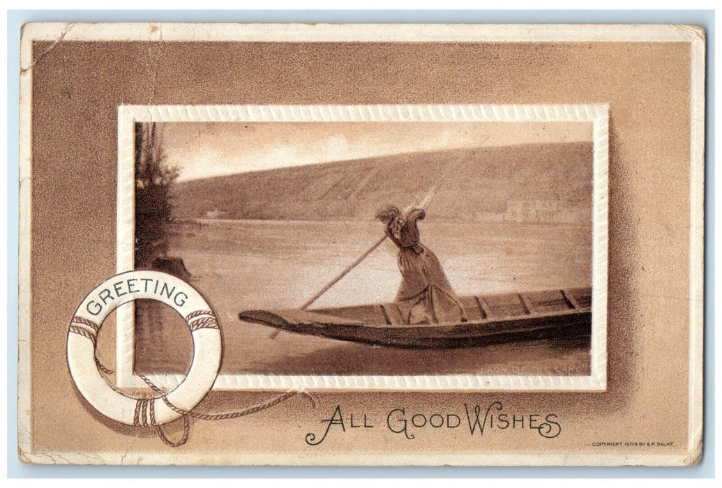 1910 All Good Wishes Greetings Bouy Woman Canoeing Buckey Lake OH Postcard