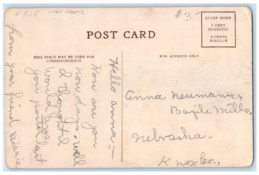 c1910's Girl Behind Miss Liberty Bazile Mills Nebraska NE Antique Postcard