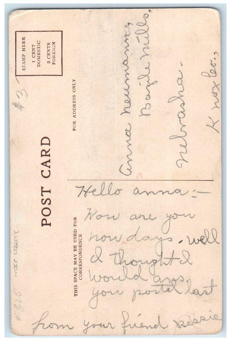 c1910's Girl Behind Miss Liberty Bazile Mills Nebraska NE Antique Postcard