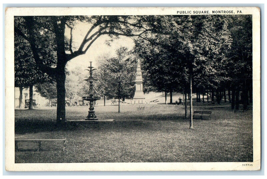 1928 Public Square Park Trees Fountain Montrose Pennsylvania PA Vintage Postcard