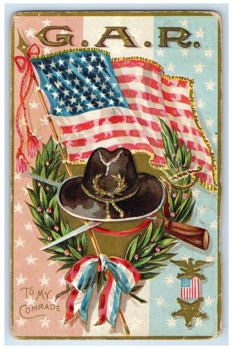 c1910's Gar Patriotic Hat Berries To My Comrade Embossed Posted Antique Postcard