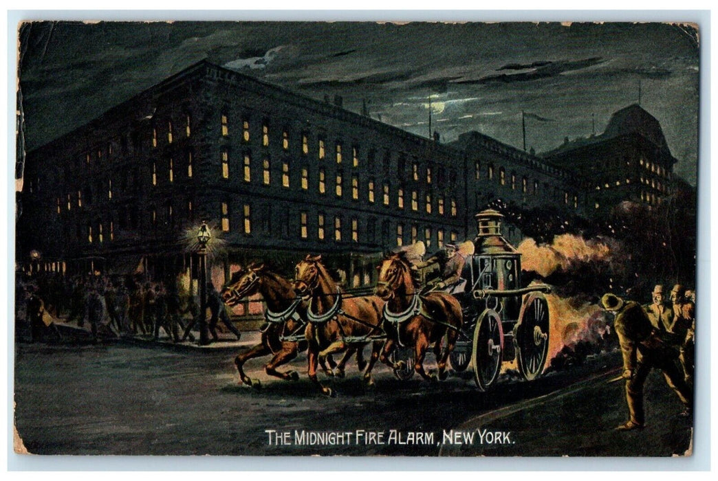 1908 Midnight Fire Alarm Fire Fighters Riding Horse Carriage New York Postcard