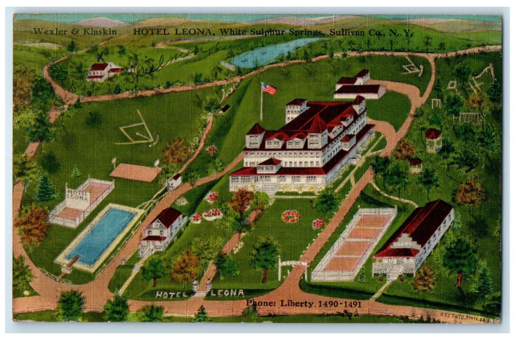 1944 Aerial View Hotel Leona White Sulphur Springs Sullivan Co New York Postcard