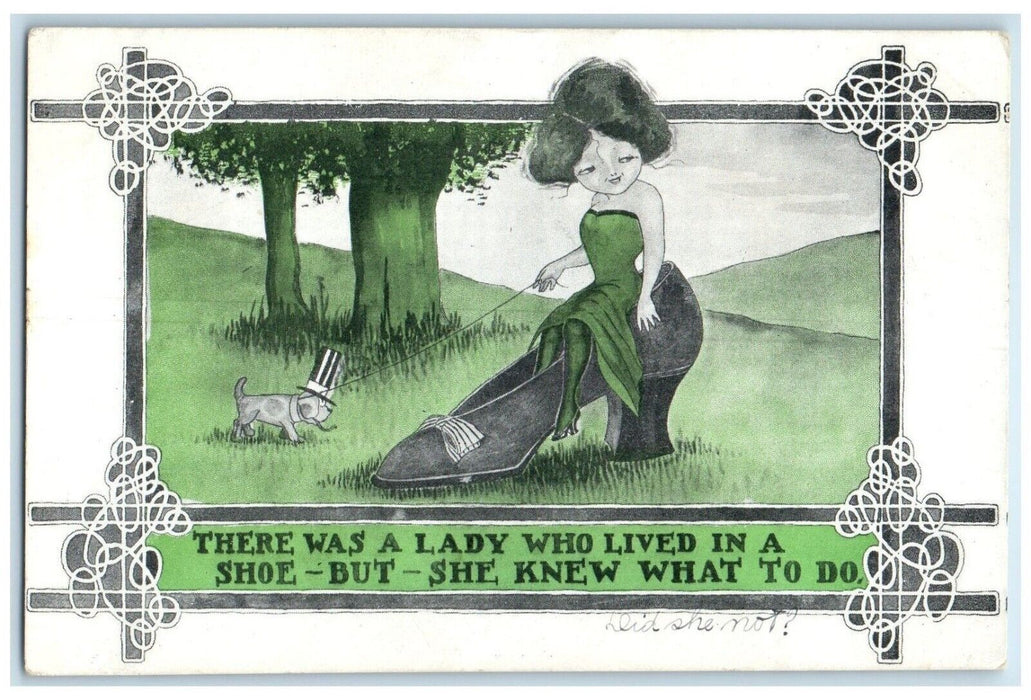 1912 Woman Lived In The Shoe Dog Hat Carmichael Madison SD Antique Postcard
