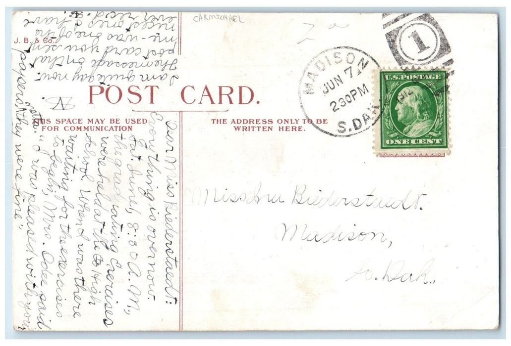 1912 Woman Lived In The Shoe Dog Hat Carmichael Madison SD Antique Postcard