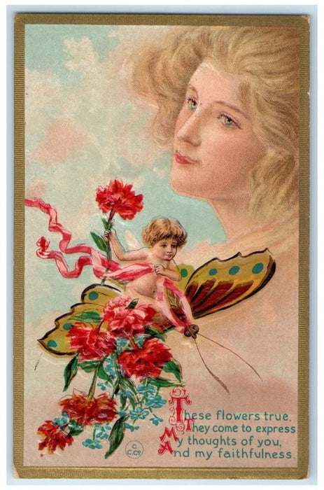 c1910's Pretty Woman Fantasy Surreal Angel Riding Butterfly Flowers Postcard