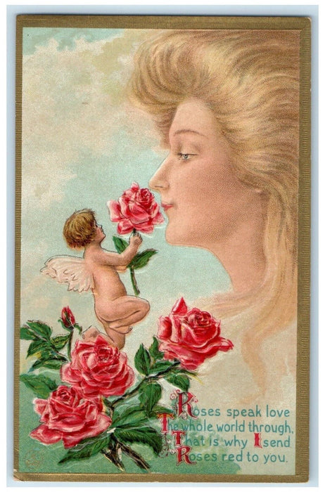 c1910's Pretty Woman Fantasy Surreal Angel Pink Roses Flowers Antique Postcard