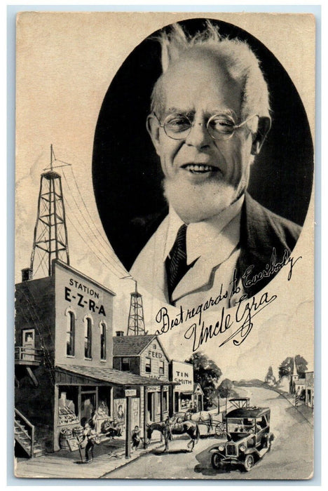 EZRA Station Uncle Ezra Tin Smith Horses Buggy Car Elkhart Indiana IN Postcard
