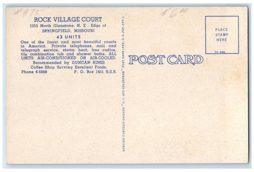 c1950's Rock Village Court Motel Springfield Missouri MO Multiview Postcard