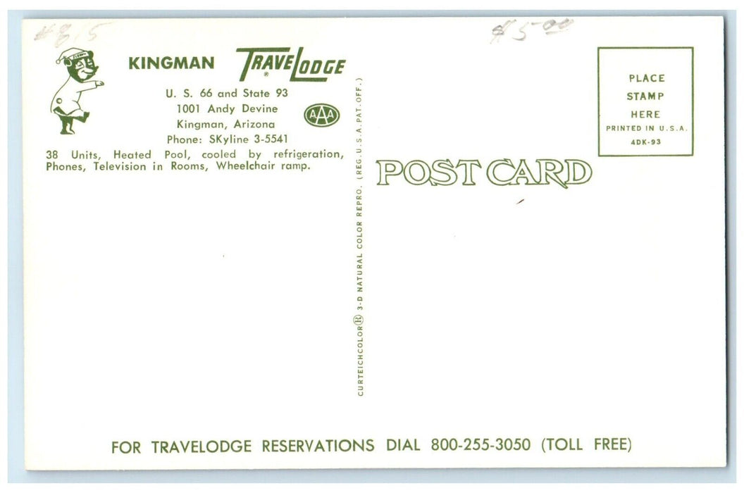 c1950's View Of Kingman Travel Lodge Motel Cars Pool Kingman Arizona AZ Postcard