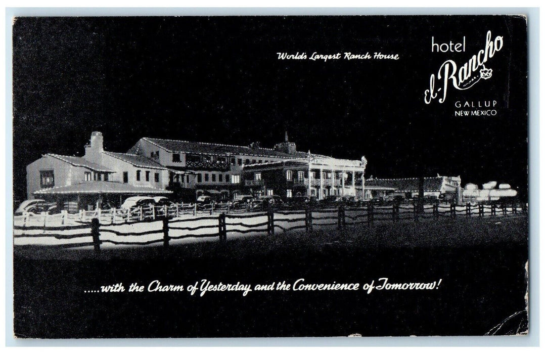 1942 El Rancho Hotel Cars Night View Gallup New Mexico NM Vintage Postcard