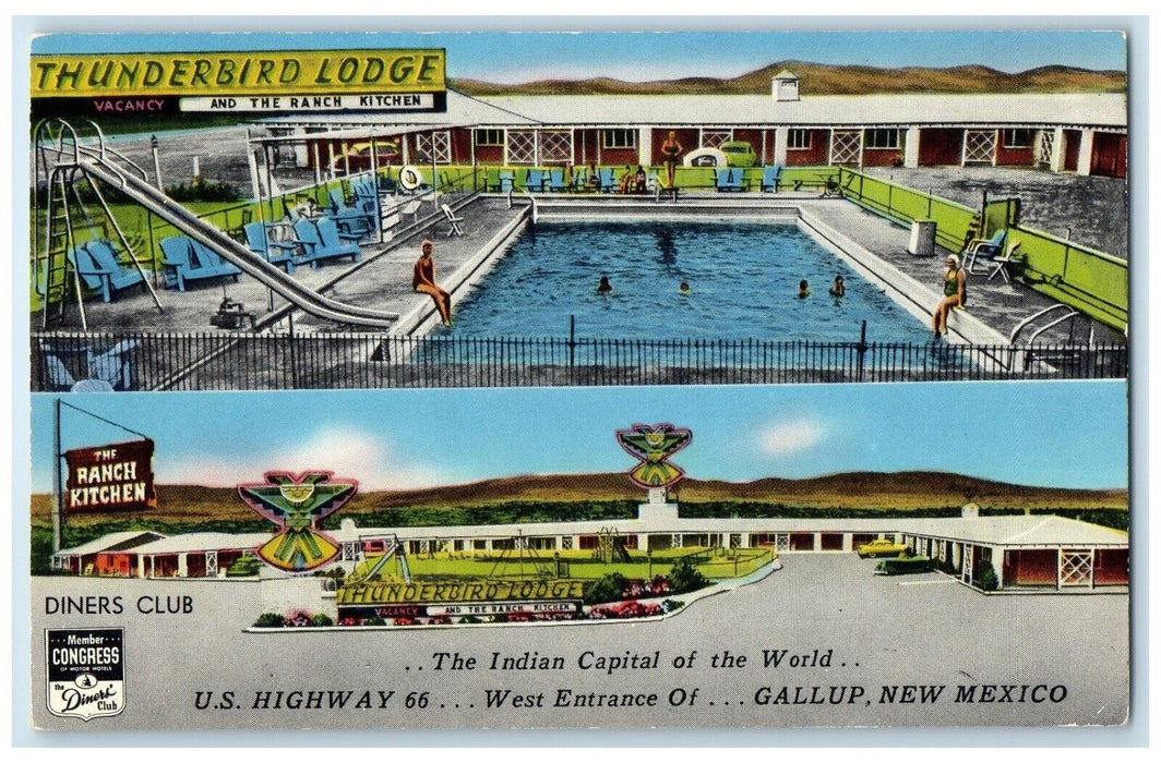 c1950's Thunderbird Lodge Motel Pool Gallup New Mexico NM Dual View Postcard